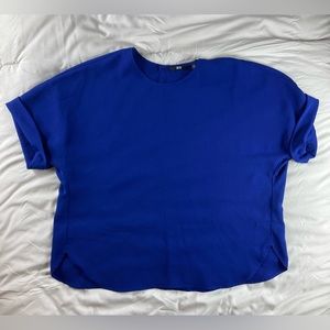 Rich blue satin Uniqlo blouse with short folded sleeves!